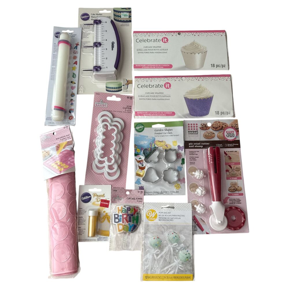 Lot Baking Decorating Tools Wilton Celebrate It Cutters Wrappers Toppers Mat